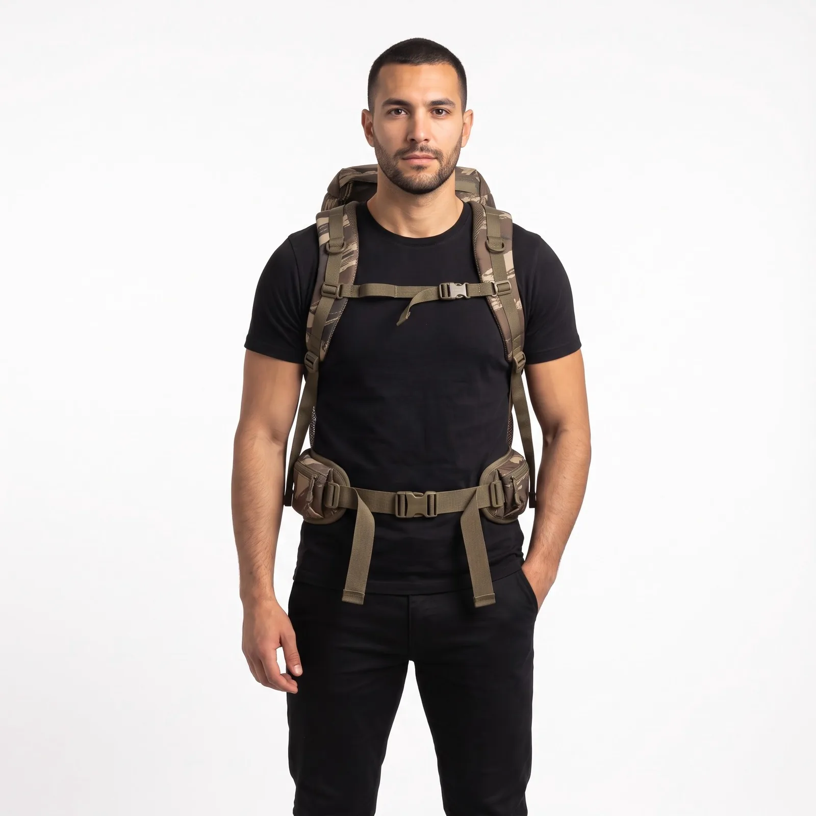 Hunting Daypack Shell Polyester Sublimated Zip Pockets Custom Logo OEM Wholesale — front view
