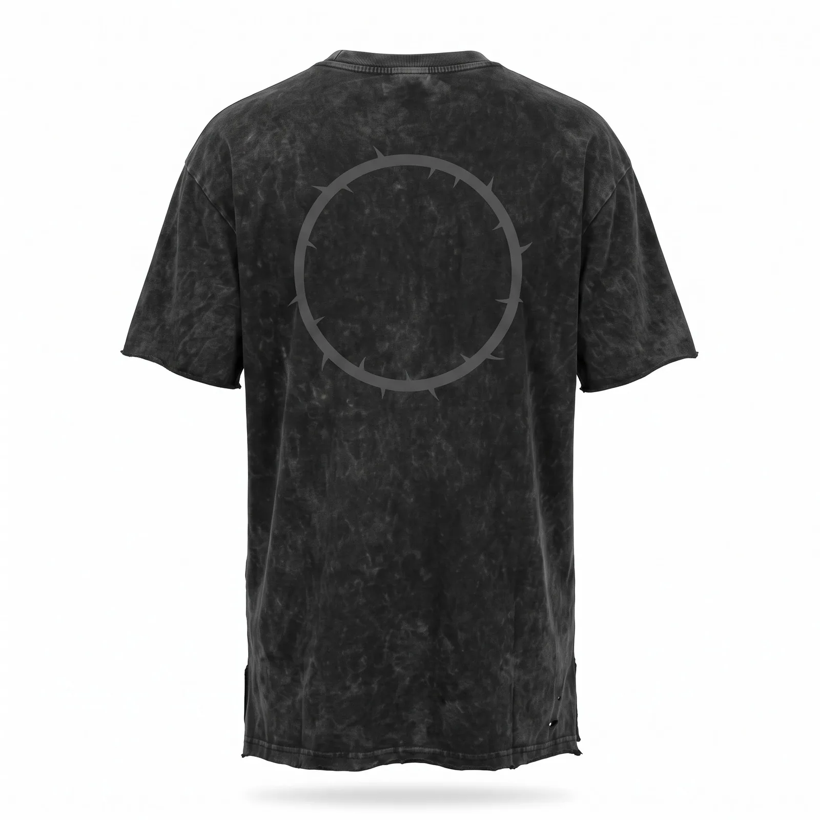Custom Acid Wash T Shirt Long Line Oversized 240 GSM Raw Hem Distressed Black Streetwear Tee OEM Wholesale — back view