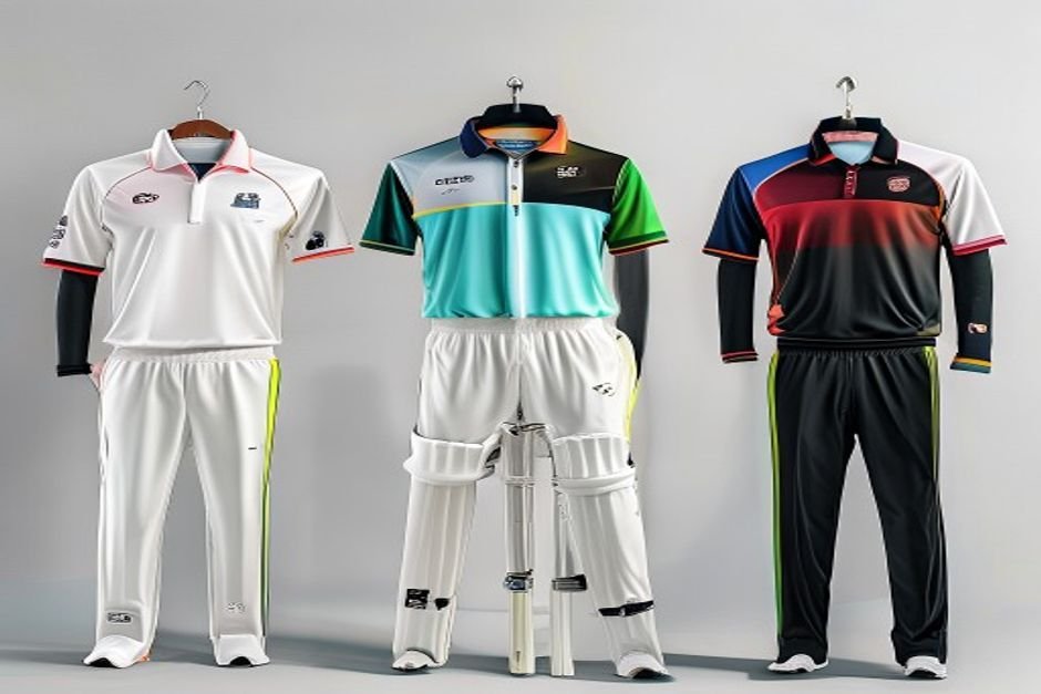 Three cricket kit design directions for clubs and academies including heritage whites, modern color-blocking, and coordinated training pieces