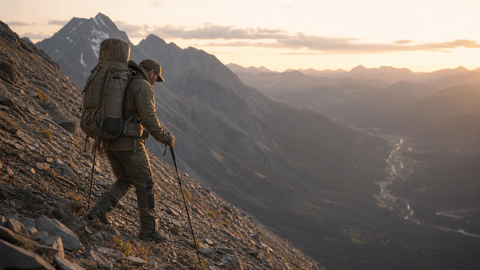 Hunter descending steep mountain terrain with a heavy technical pack
