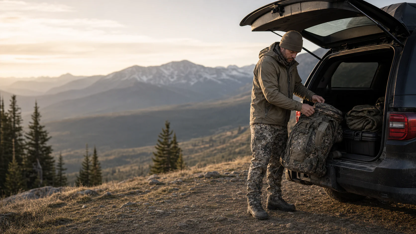 Hunter preparing layers and a pack at a mountain trailhead