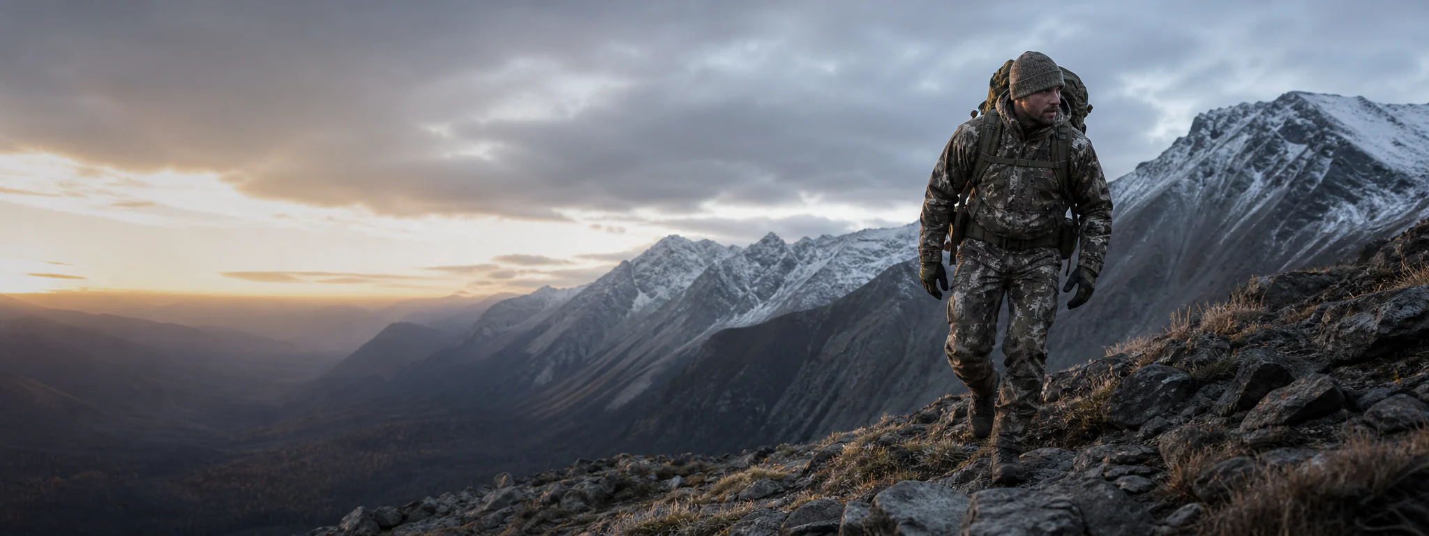 Backcountry hunter climbing steep mountain terrain with a technical pack