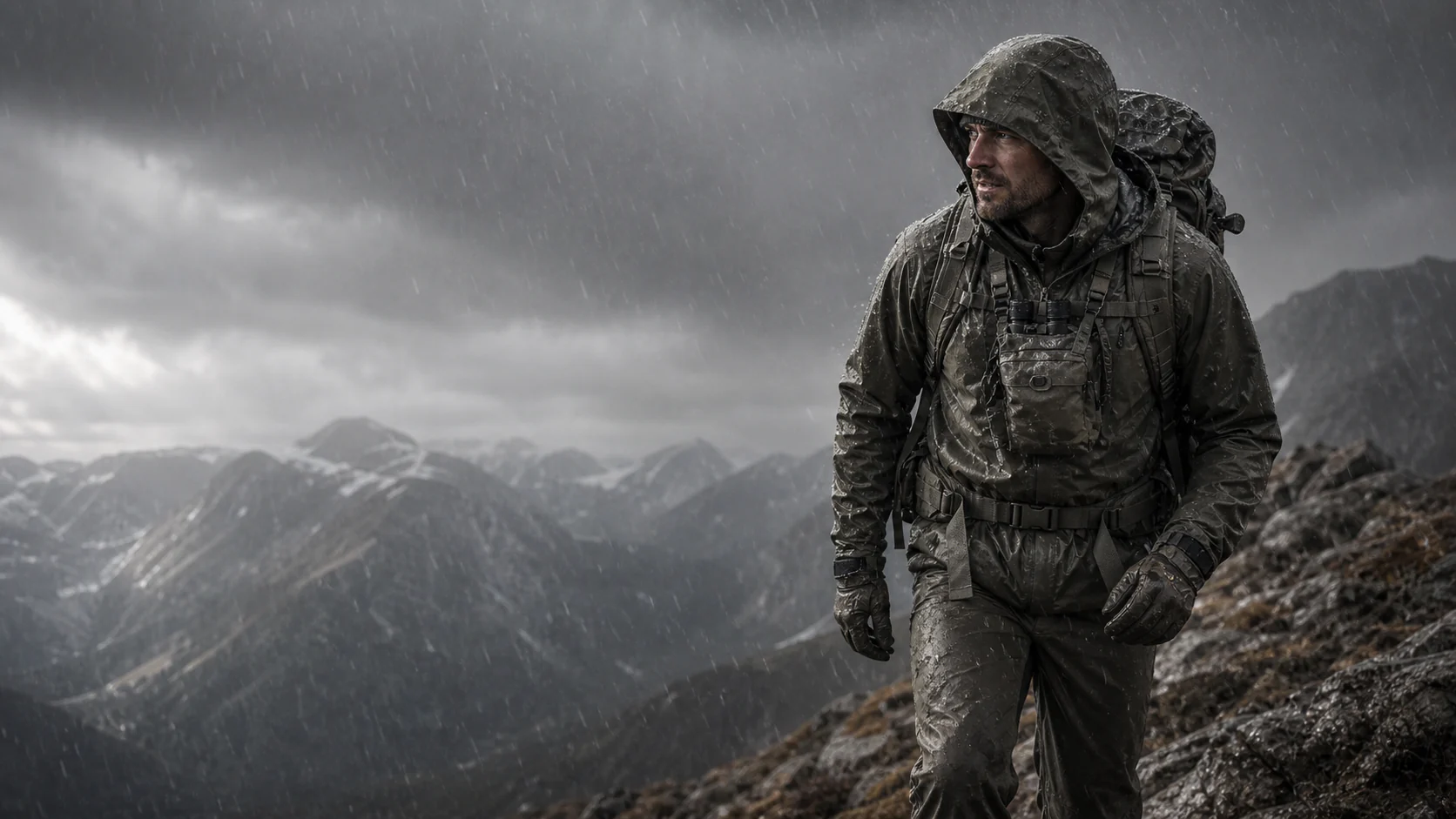 Backcountry hunter crossing an exposed mountain ridge in wind-driven rain