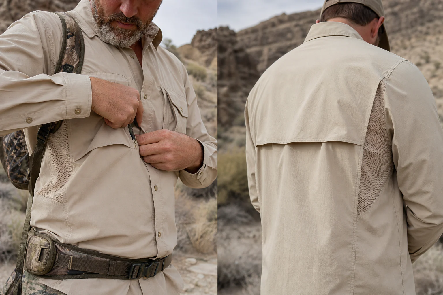 Hot-climate hunting shirt with mesh side panels and back vent construction