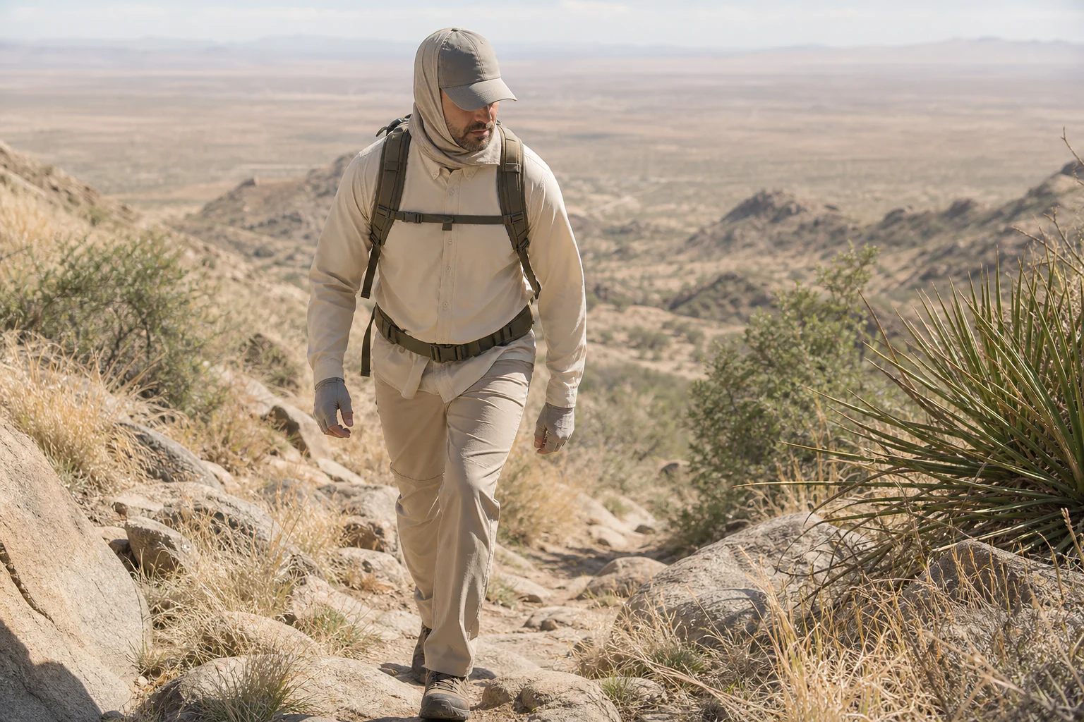 Hot-climate hunting apparel reviewed for long-distance movement in dry terrain
