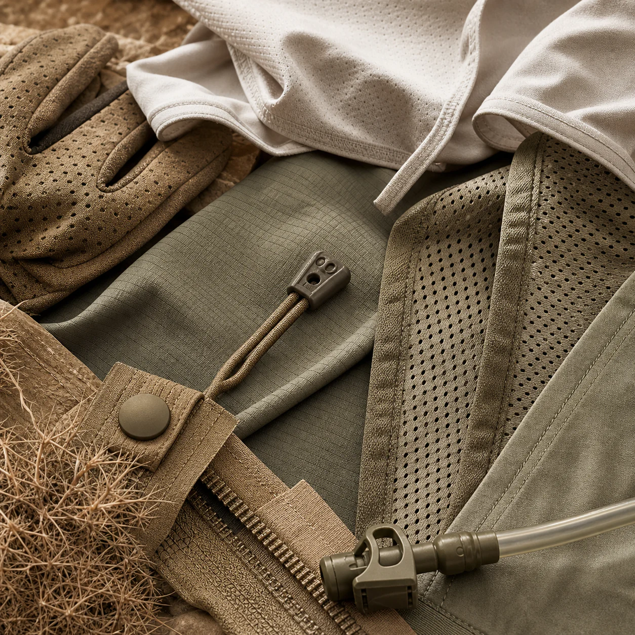 Hot-climate hunting mesh, ripstop, glove fabric, trim and hydration detail