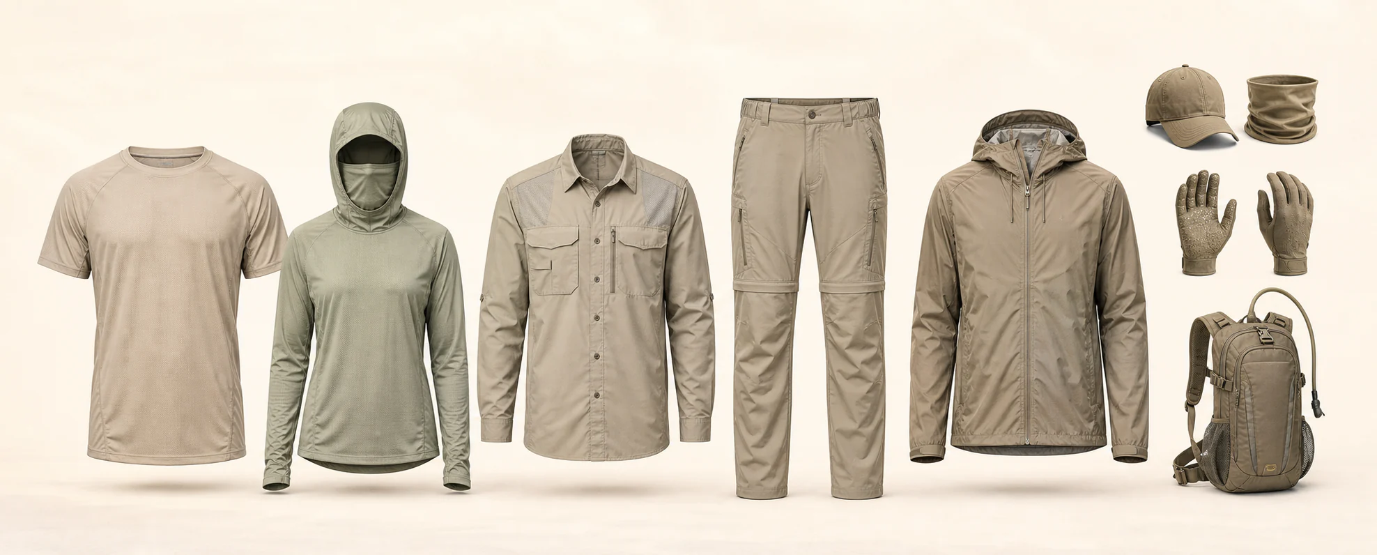 Coordinated hot-climate hunting apparel system with sun shirt, field shirt, pants, shell, cap, gloves and hydration pack