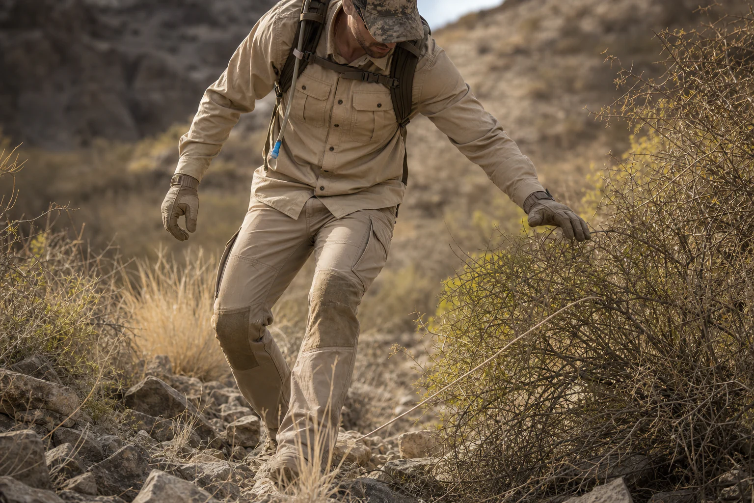 Hot-climate hunting apparel moving through rocky scrub and thorn brush