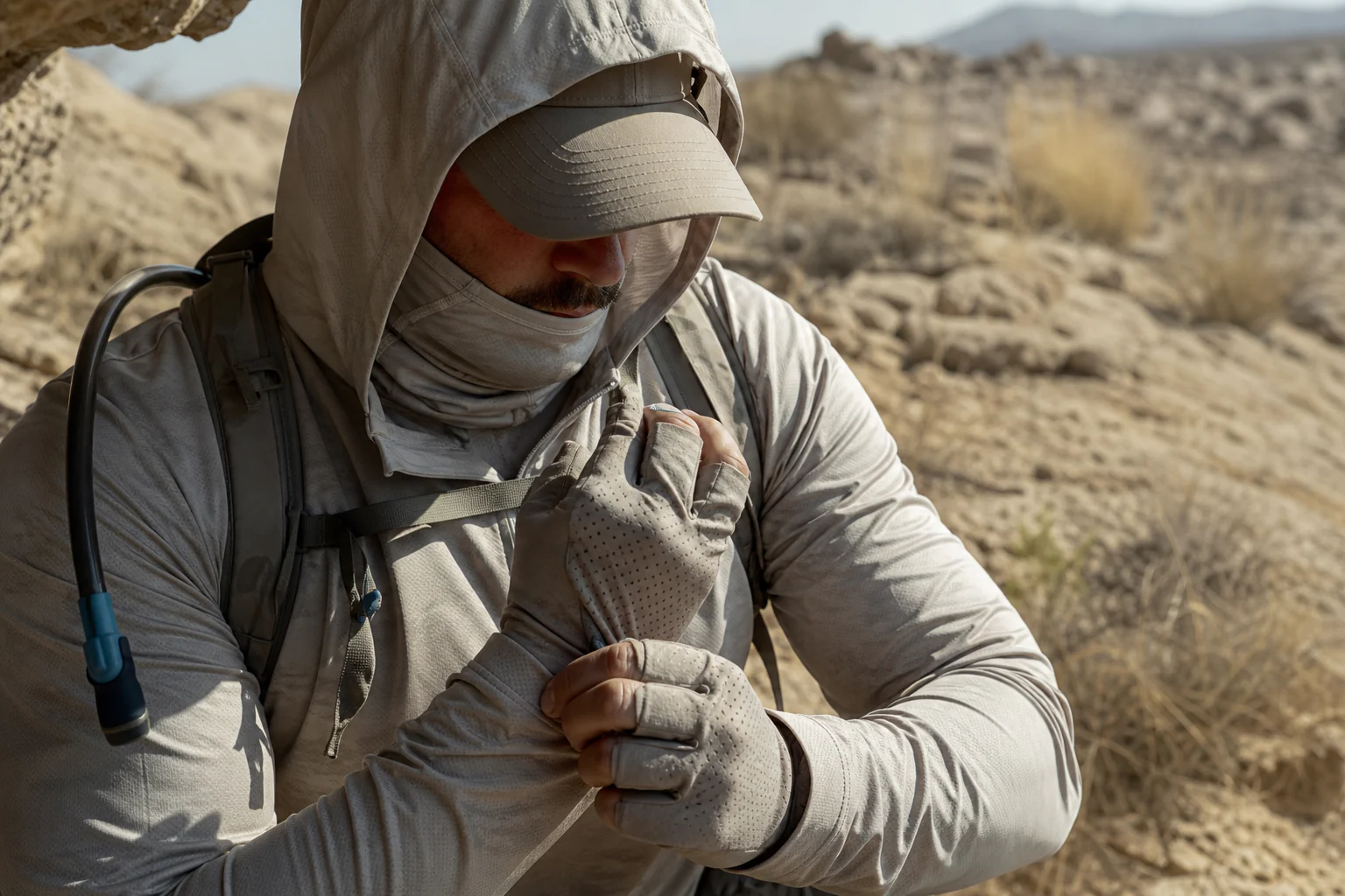 Hot-climate hunting hood, cap, neck gaiter and vented glove coverage