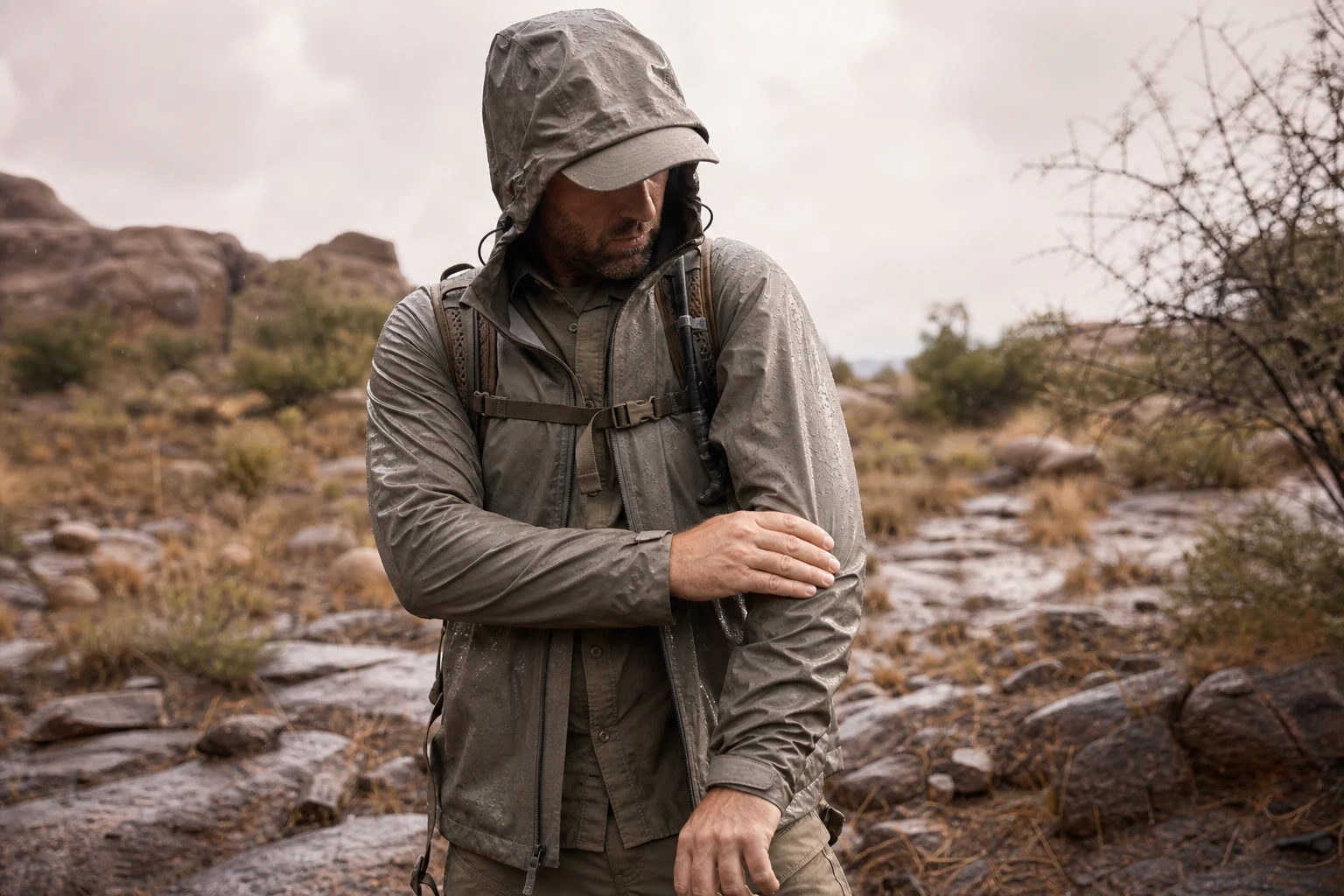 Hot-climate hunter wearing a lightweight shell in sudden warm rain