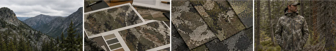 Four-stage camouflage process from mountain terrain to pattern and field placement