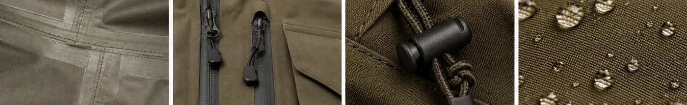 Technical garment details showing seams, openings, hardware and fabric surface
