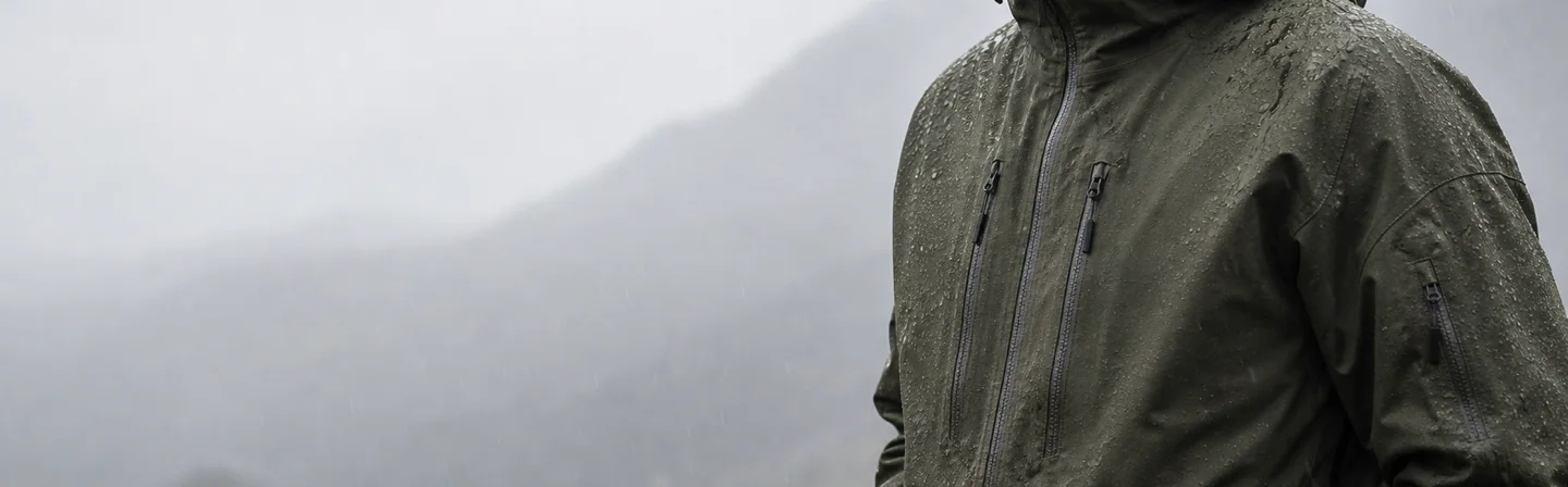 Waterproof hunting jacket in wet mountain conditions