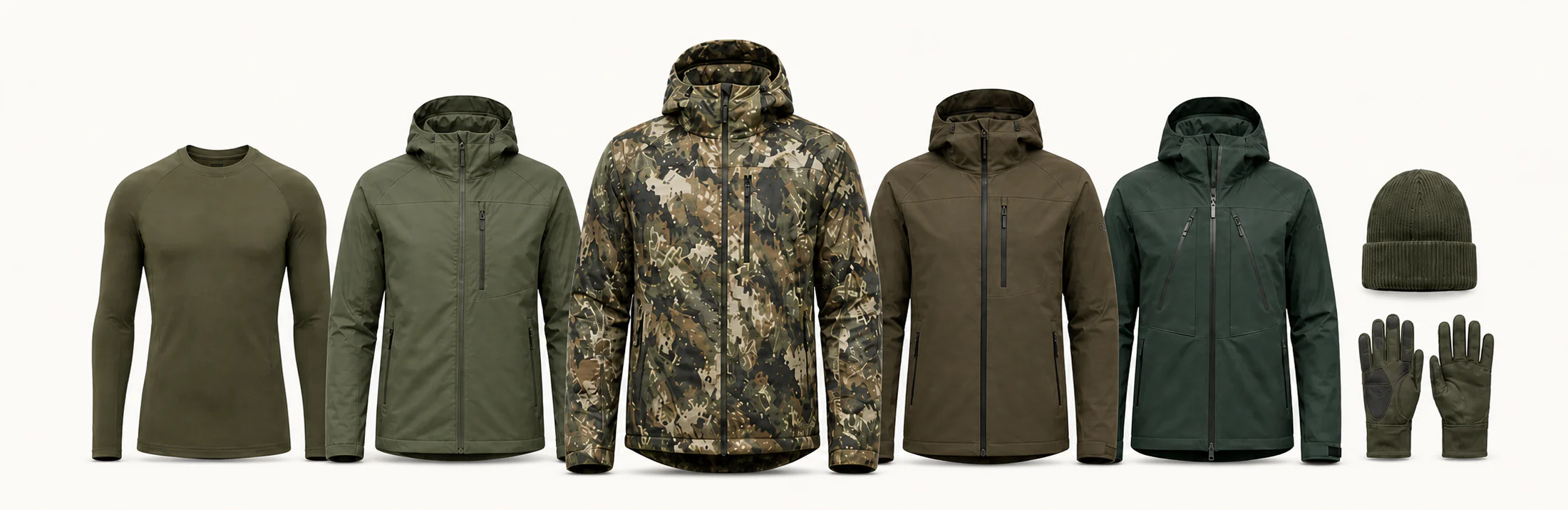 Six-part hunting-wear layering system from base layer to accessories