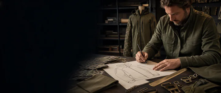 Apparel product developer reviewing hunting-wear sketches and material references