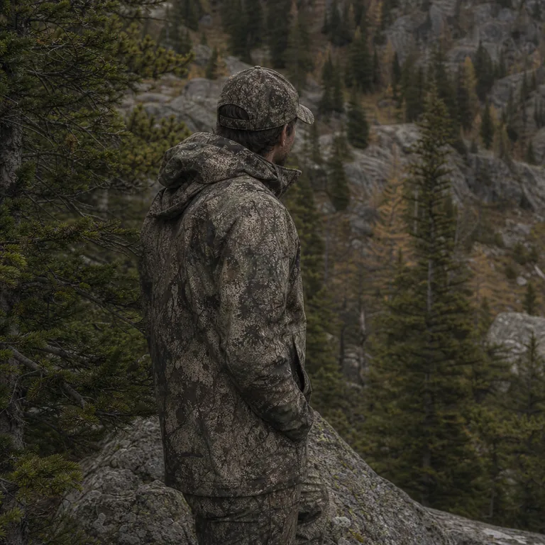Hunter wearing a placement-tested camouflage garment in woodland