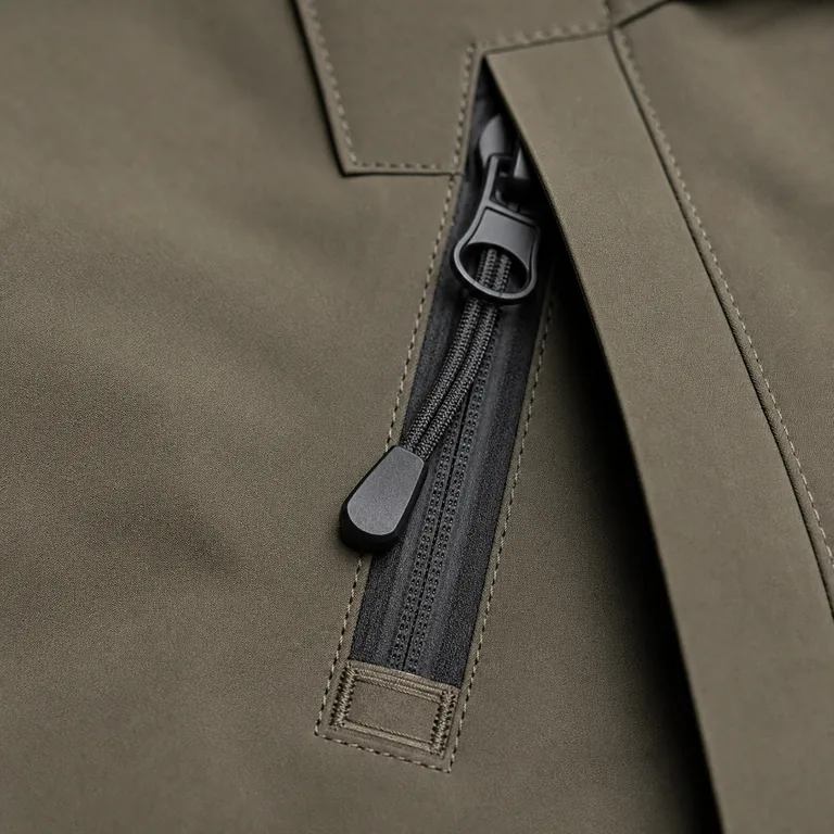 Protected technical zipper and pocket opening on an olive jacket