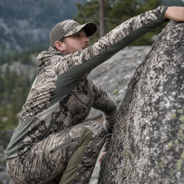 Hunter climbing rock in articulated technical hunting apparel