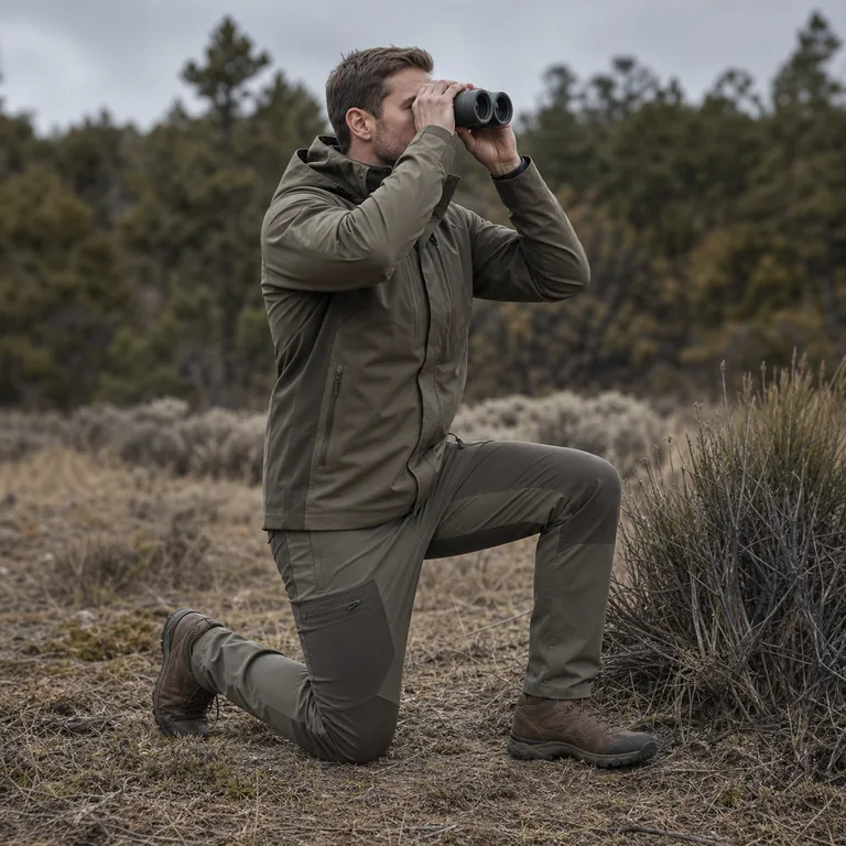 Hunter kneeling in articulated technical hunting pants