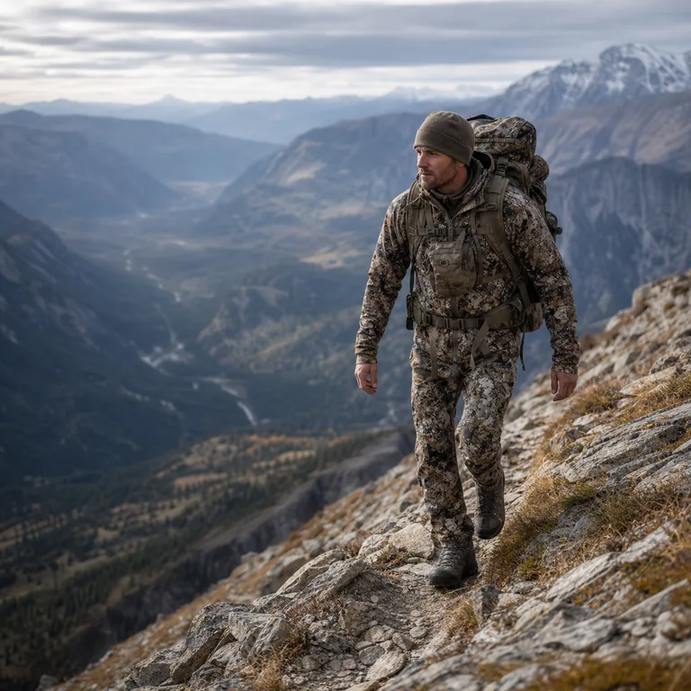 Backcountry hunter moving through steep mountain terrain