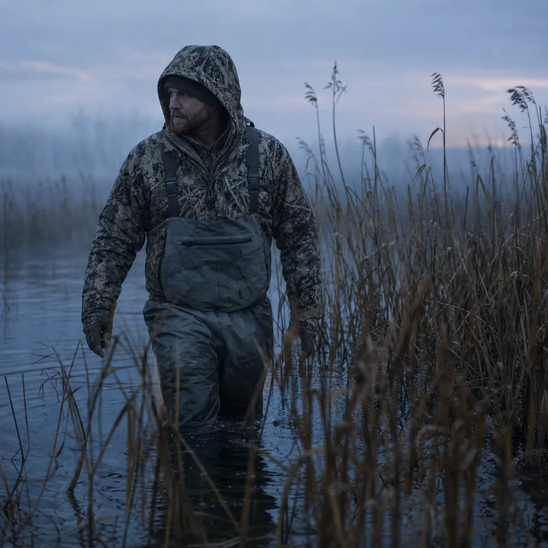 Waterfowl hunter working near a cold wetland