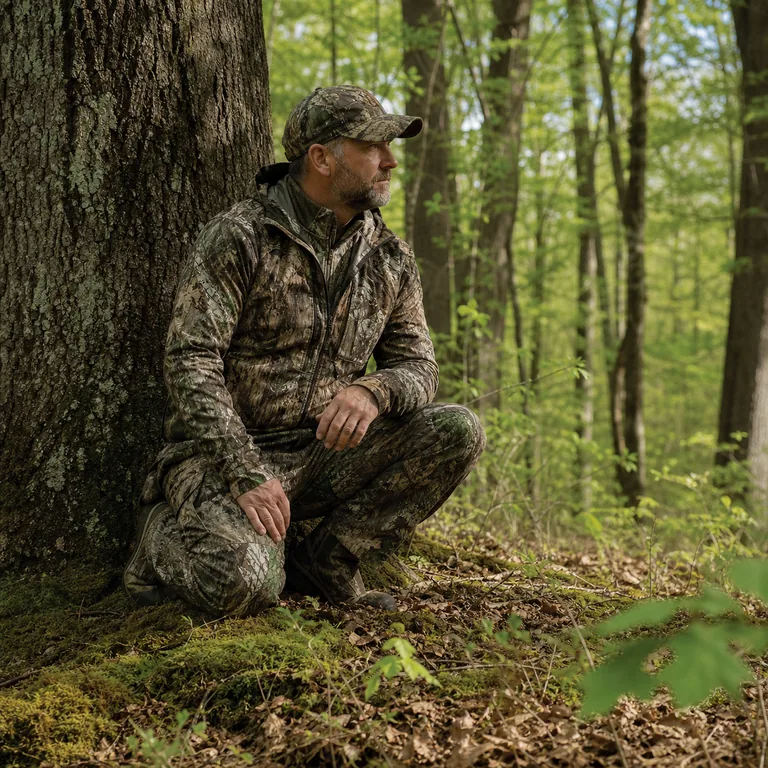 Turkey hunter concealed in spring woodland