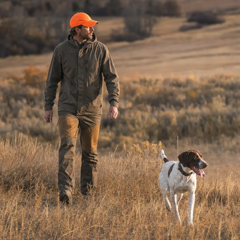 Upland hunter crossing open grass and brush