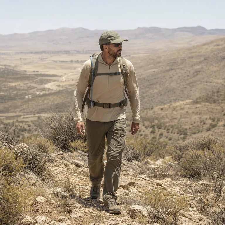 Hunter walking across warm open terrain