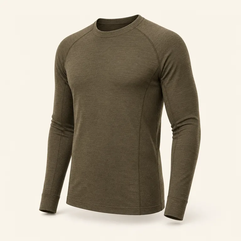 Olive hunting base-layer top on a neutral background