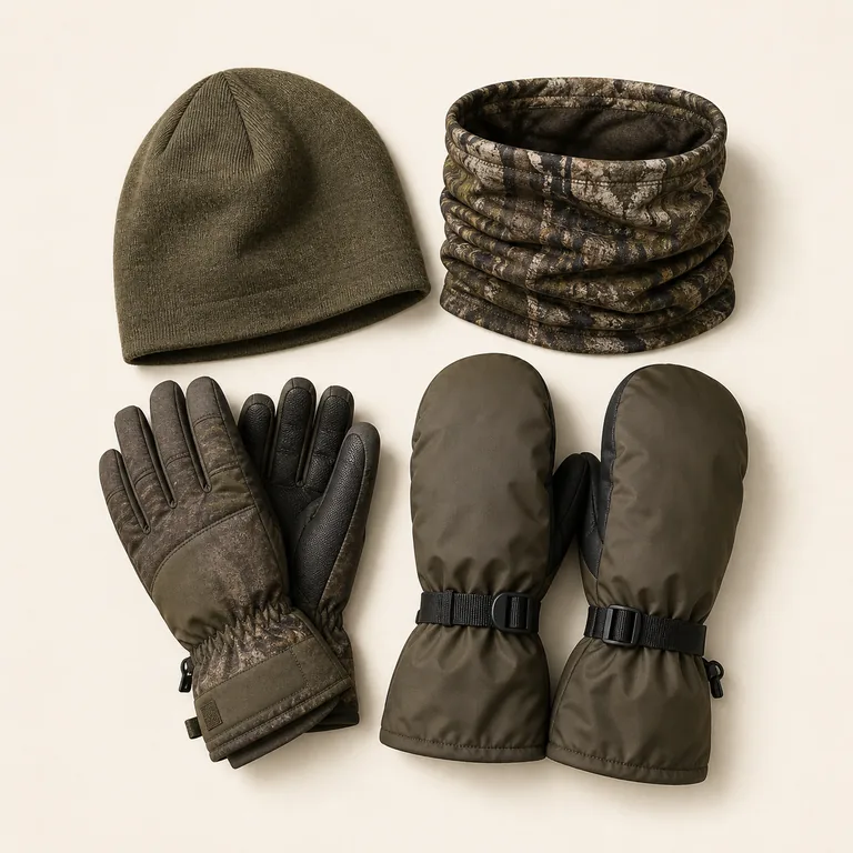Hunting beanie and gloves arranged as an accessory set