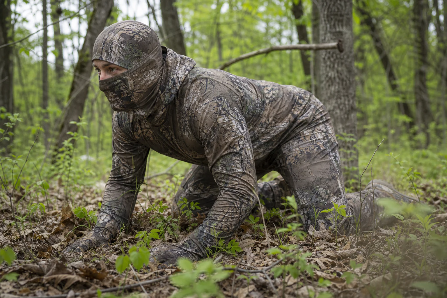 Turkey hunter in camouflage kneeling and crawling through spring hardwood leaf litter