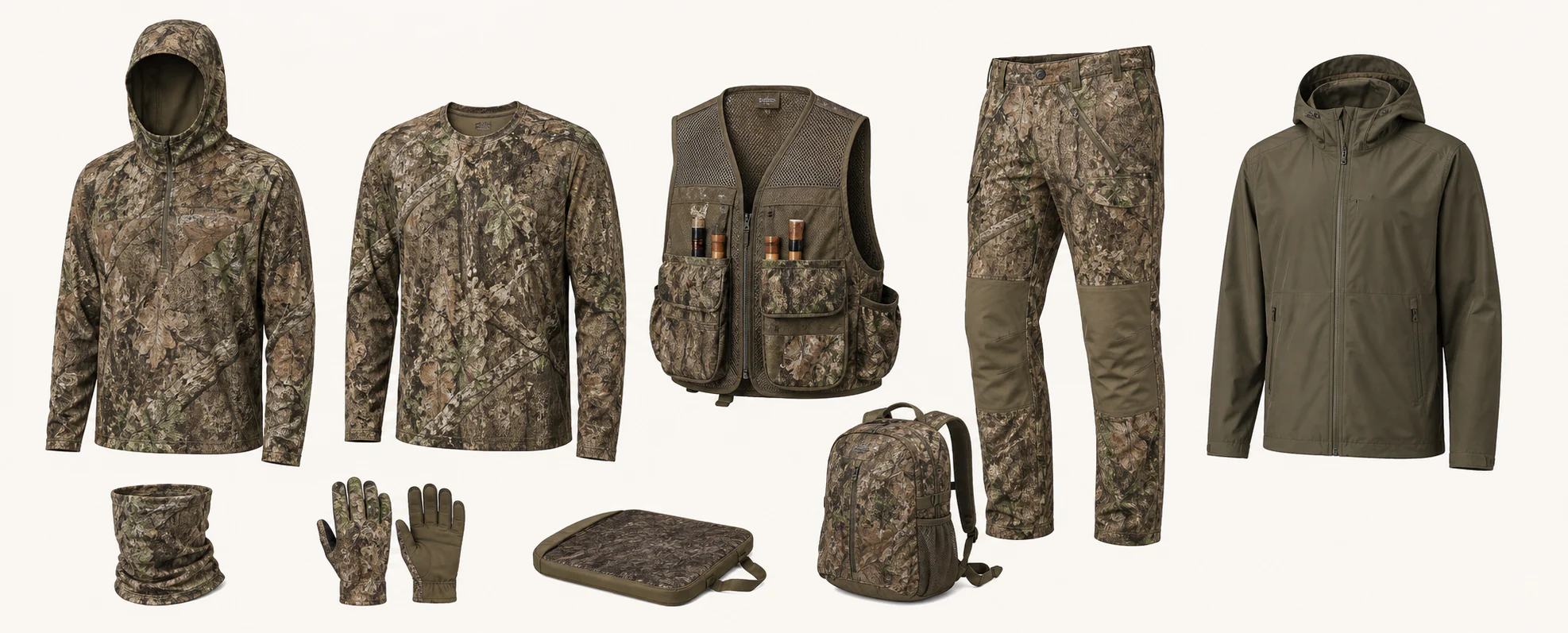 Coordinated turkey hunting apparel system with vest, shirt, pant, rain shell and accessories