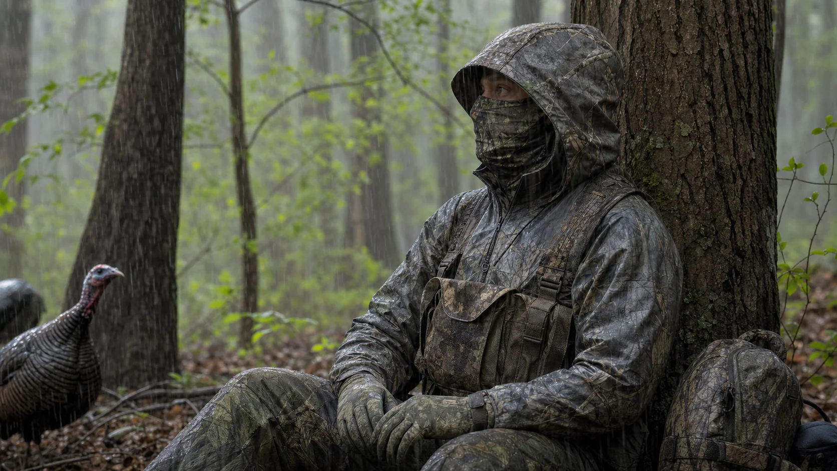 Packable turkey hunting rain shell in wet spring hardwood woods