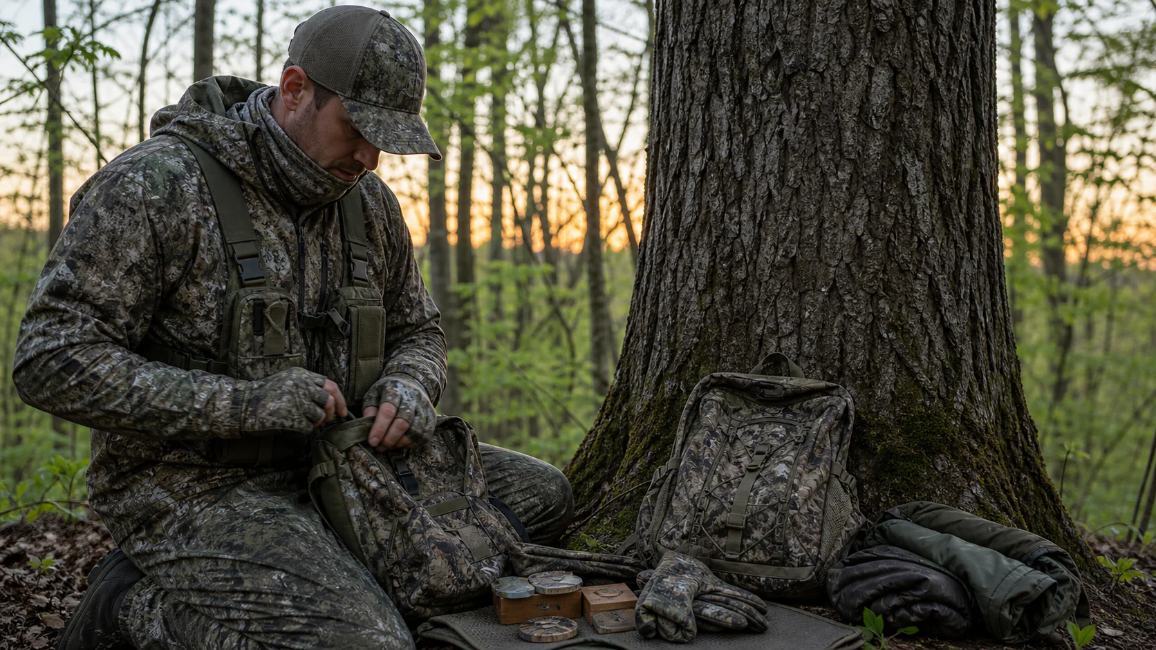 Turkey apparel, vest and call system staged for a spring woods setup