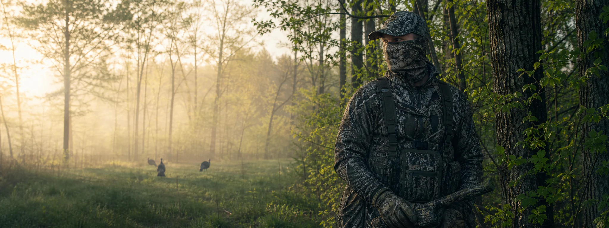 Turkey hunter in lightweight camouflage at the edge of spring hardwood woods