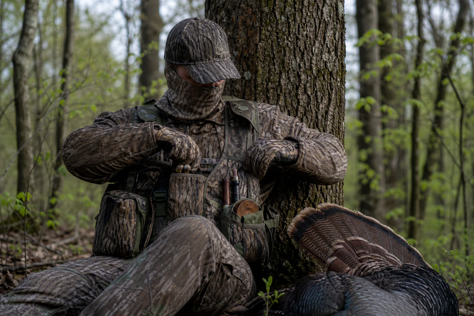Turkey hunting vest pocket and call access system in spring woods camouflage