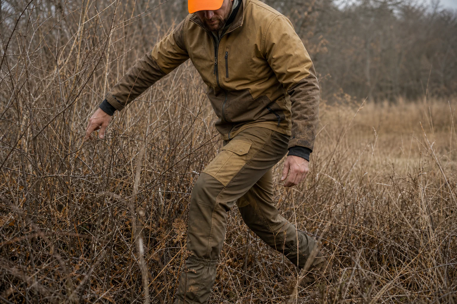 Upland hunting jacket and reinforced pants moving through brush and briars