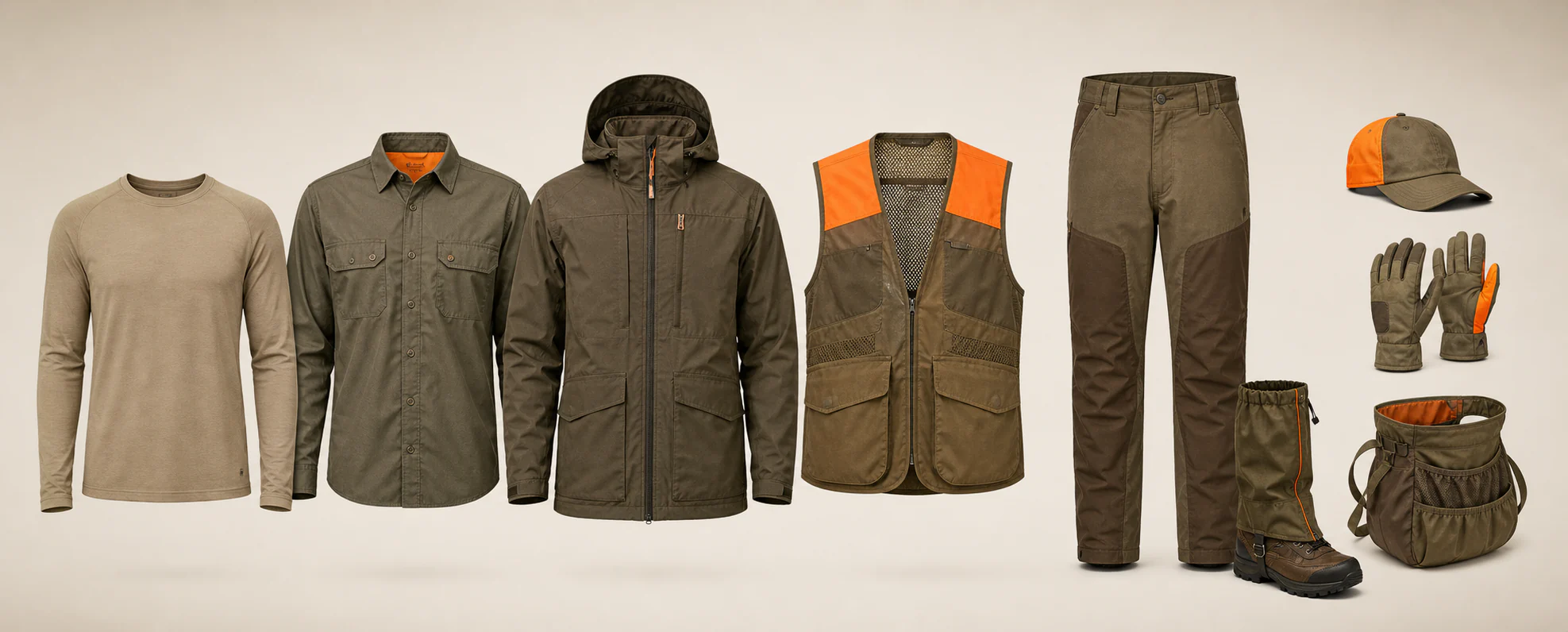 Coordinated upland hunting apparel system with field shirt, shell, vest, brush pant, cap, gloves and accessories