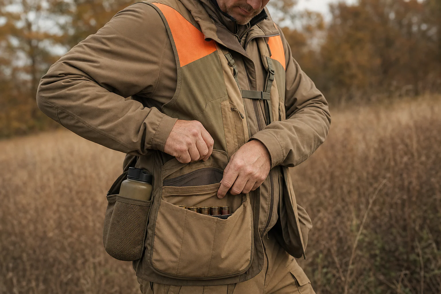 Upland hunting vest shell loops, pockets and water bottle access