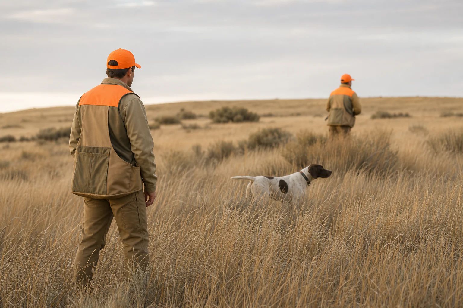 Upland hunters and pointing dog in open grassland with blaze orange garment panels
