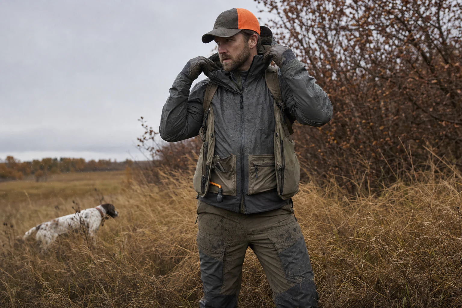 Upland hunter wearing a weather-resistant shell in wind and light rain