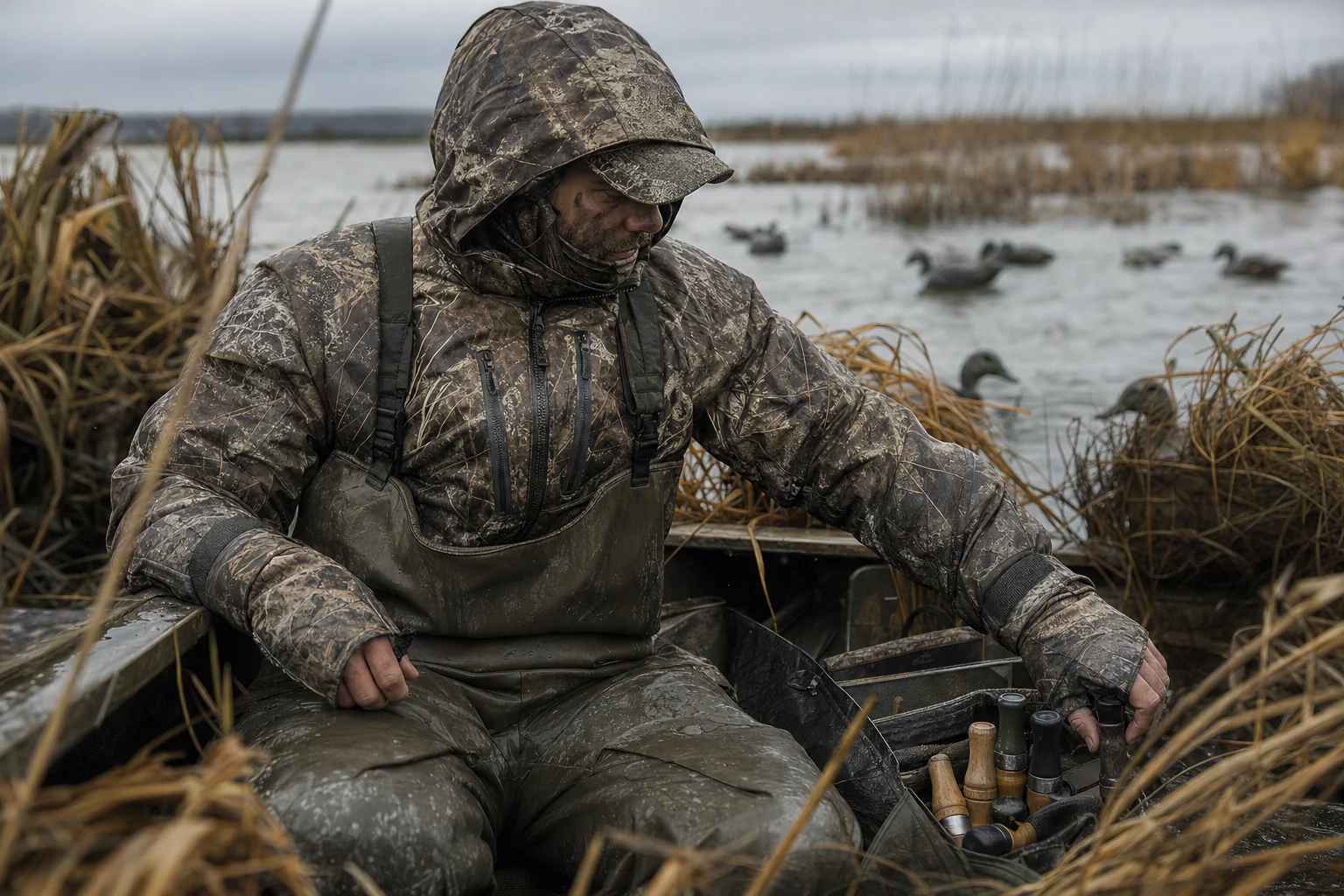 Waterfowl hunter seated in marsh blind reviewing calls and pocket access