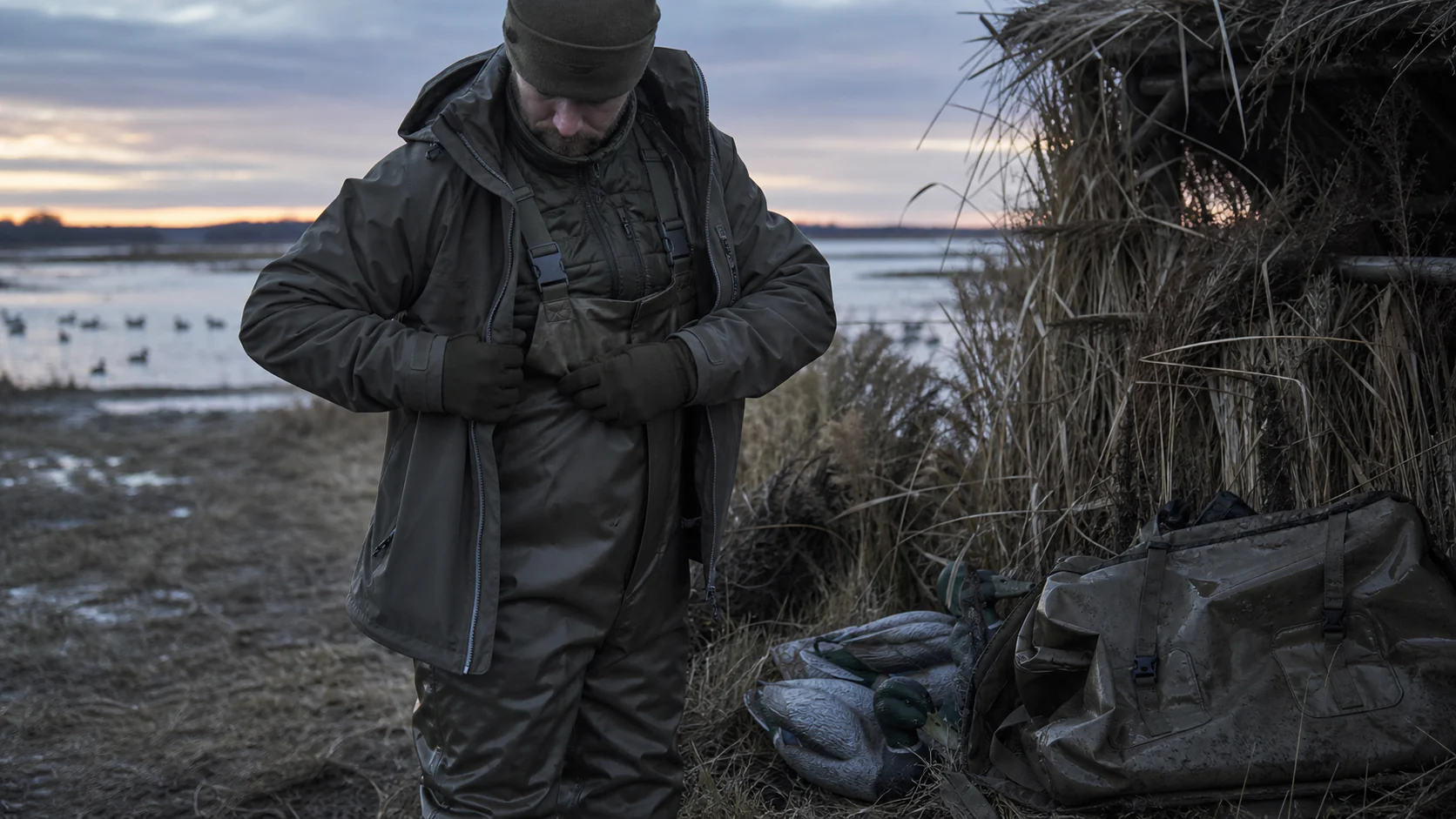 Hunter preparing waterfowl layers, waders and decoy bag beside a marsh blind