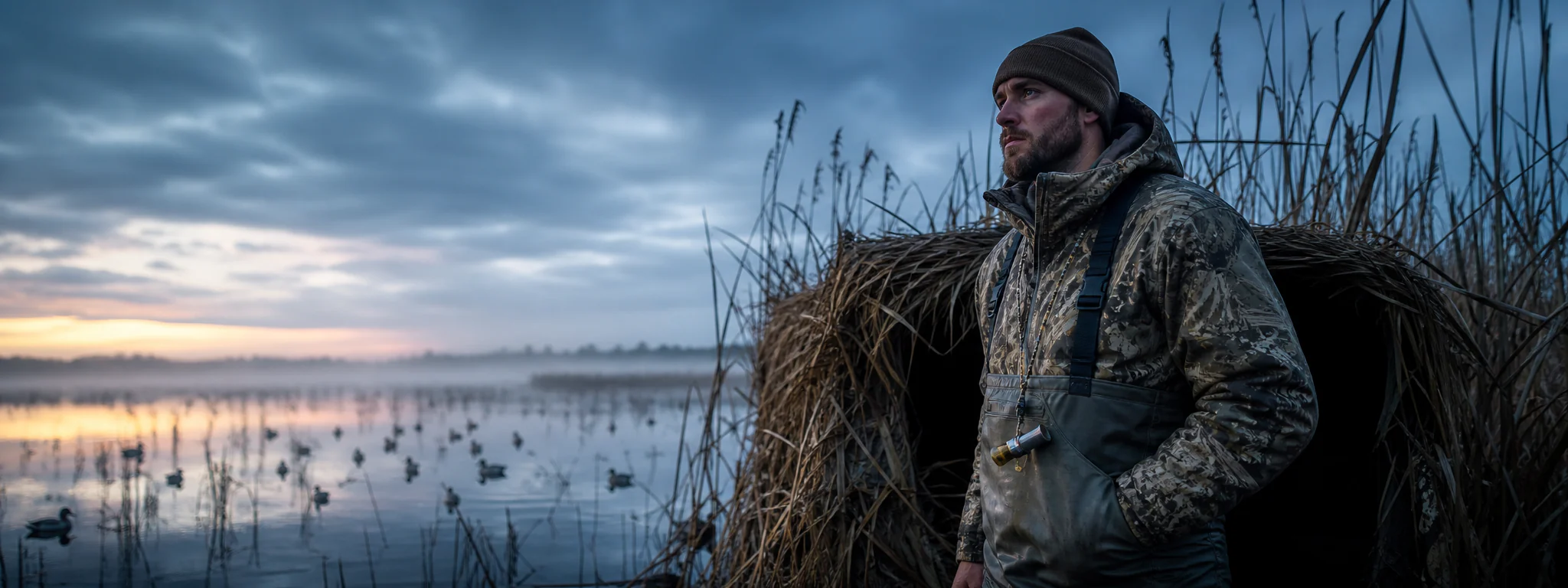Waterfowl hunter in waterproof camo and chest waders beside a marsh blind at dawn