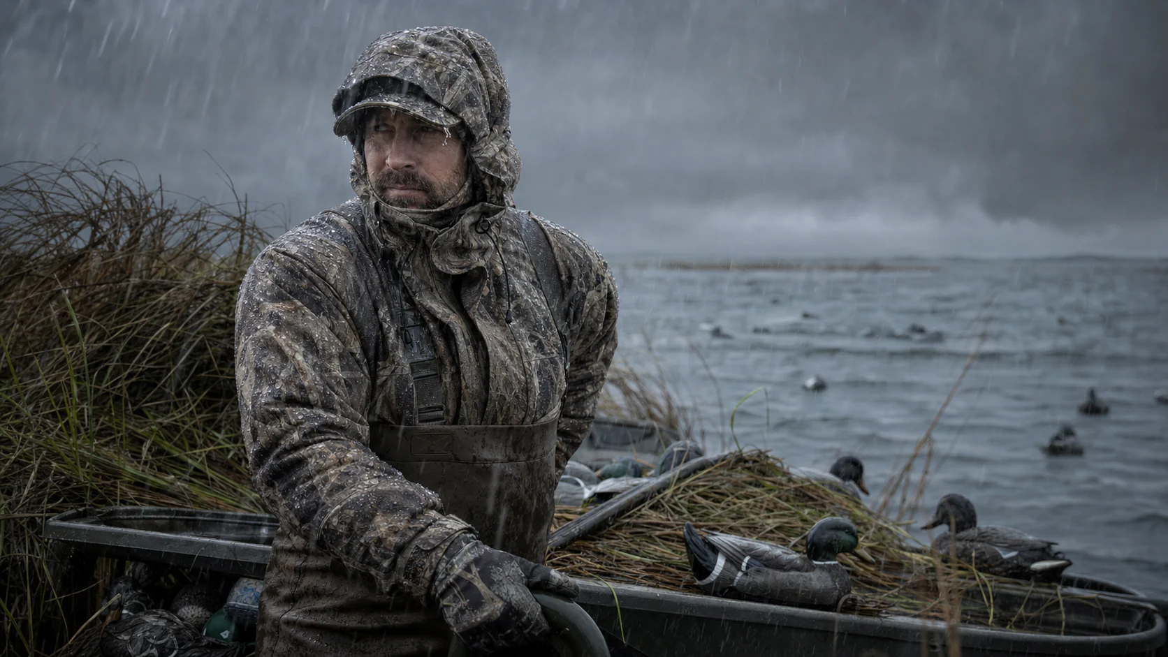 Waterfowl waterproof shell and waders in heavy marsh rain