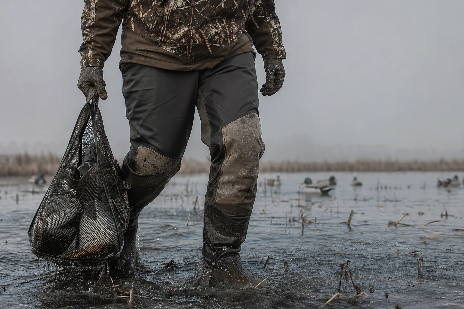 Waterfowl hunter walking through shallow flooded reeds with decoy bag