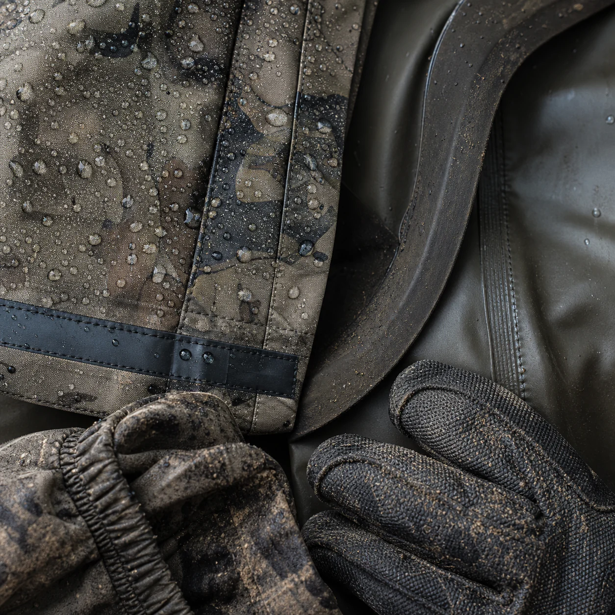 Waterproof waterfowl fabric, taped seam, wader panel and glove detail