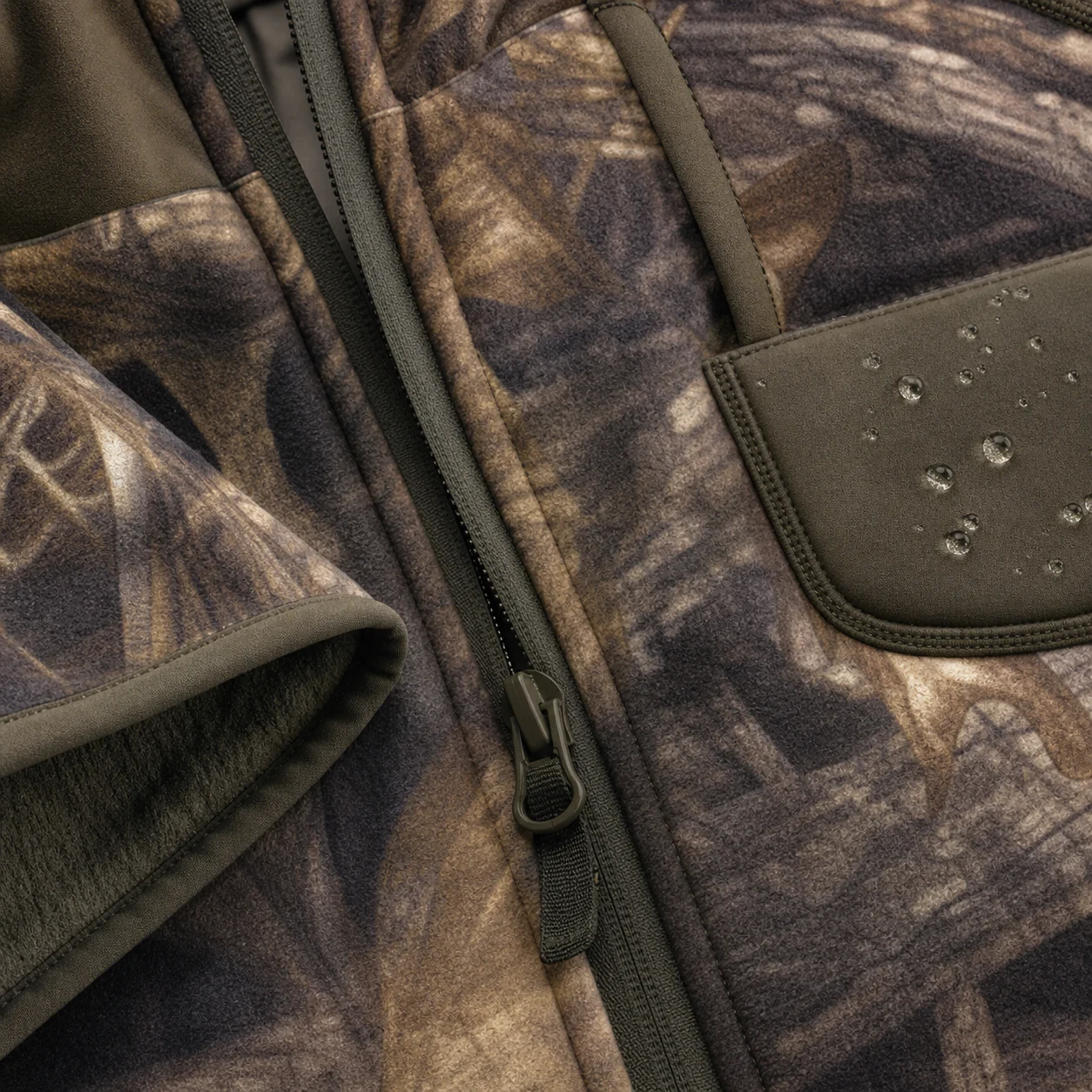 Quiet whitetail camouflage fabric, seam and trim detail