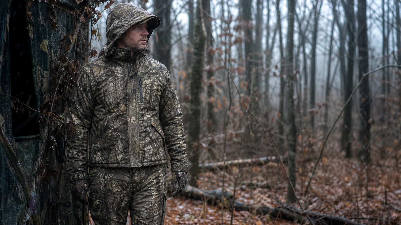 Whitetail weather shell in wet hardwood conditions