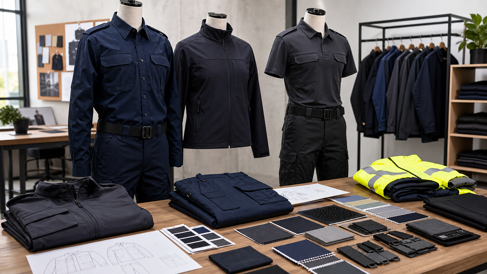 Modern security uniform design presentation with cleaner tactical garments, cargo pants, softshell, and hi-vis outer layer options